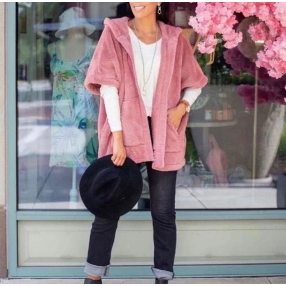 Cabi Embrace Topper Teddy Fleece Hooded Zip Front Jacket‎ Dusty Rose Oversized S